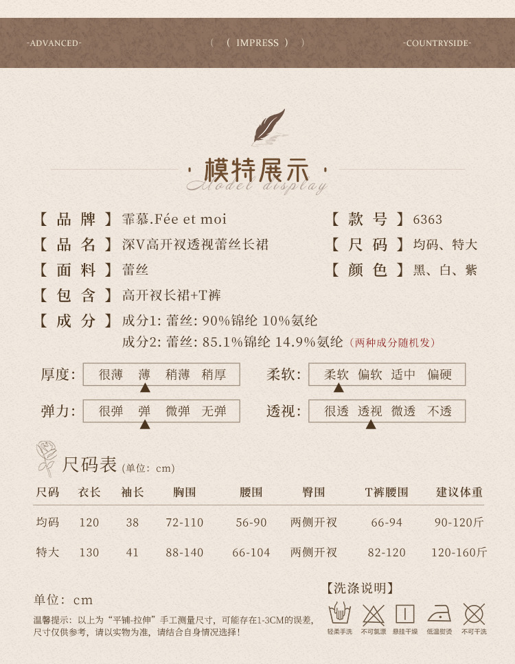 霏慕大码深V开衩透视蕾丝长裙6363情趣内衣性感纯欲露臀免脱诱惑详情图片 1