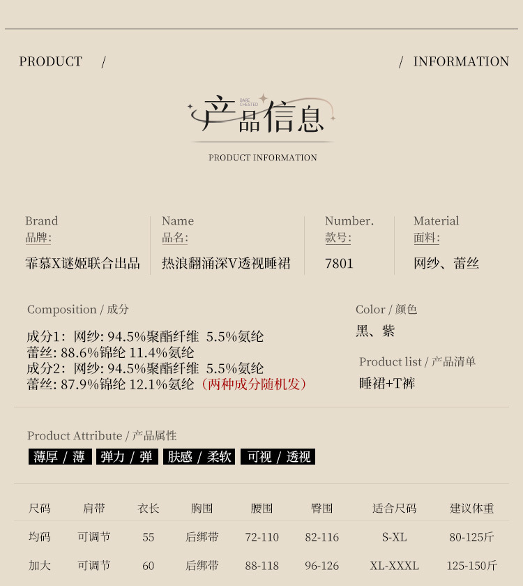 霏慕×谜姬热浪翻涌深V蕾丝睡裙详情图片 1