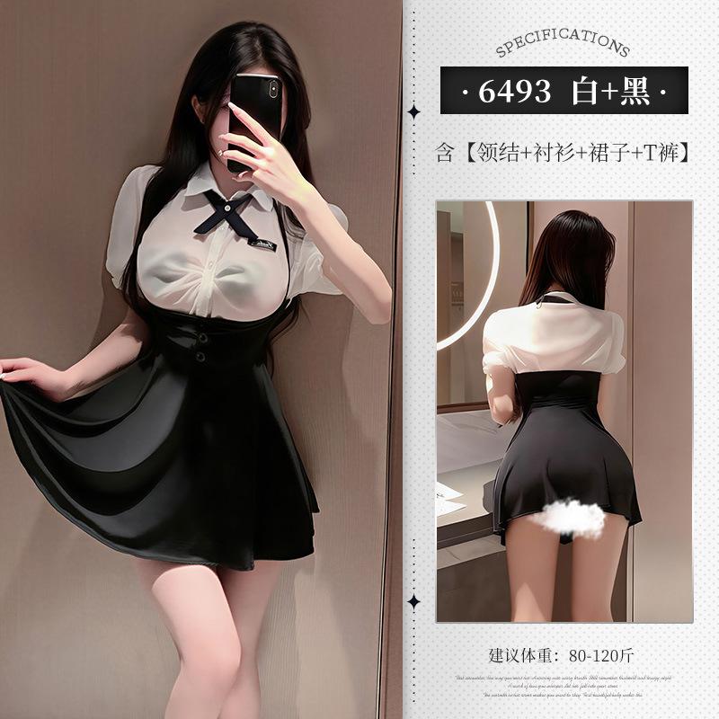 霏慕学院女神白黑抽褶透视套装图片 6