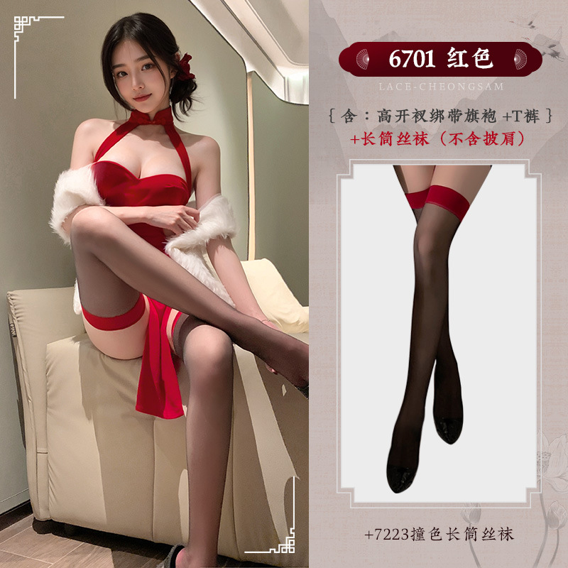 霏慕 高开衩分片绑带丝绒旗袍套装图片 7
