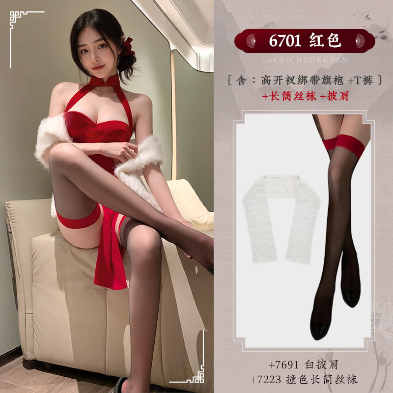 霏慕 高开衩分片绑带丝绒旗袍套装图片 10